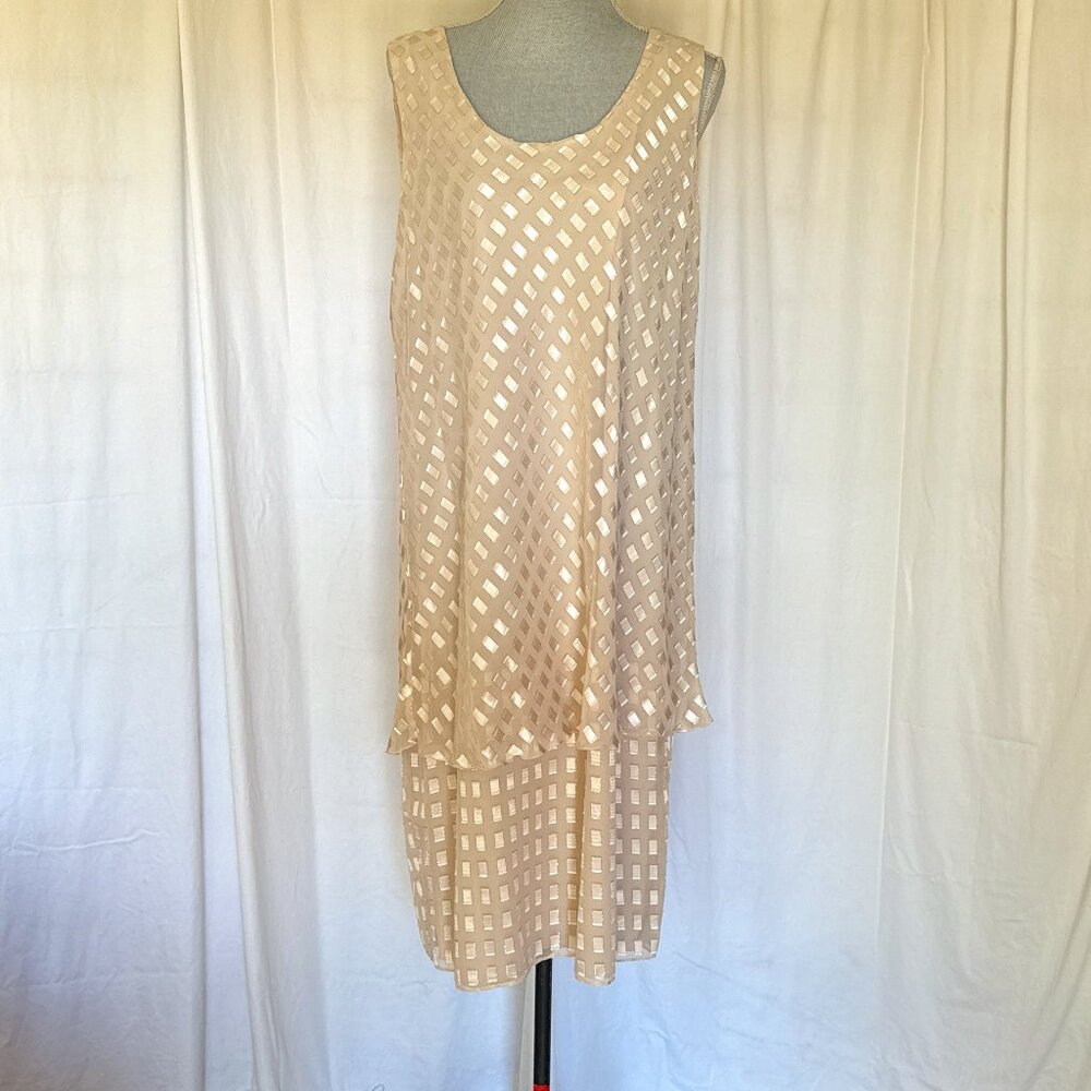 Patra Vintage 2pc Dress Womens 18 Beige Shimmer Sleeveless Lined Zip Silky Flowy